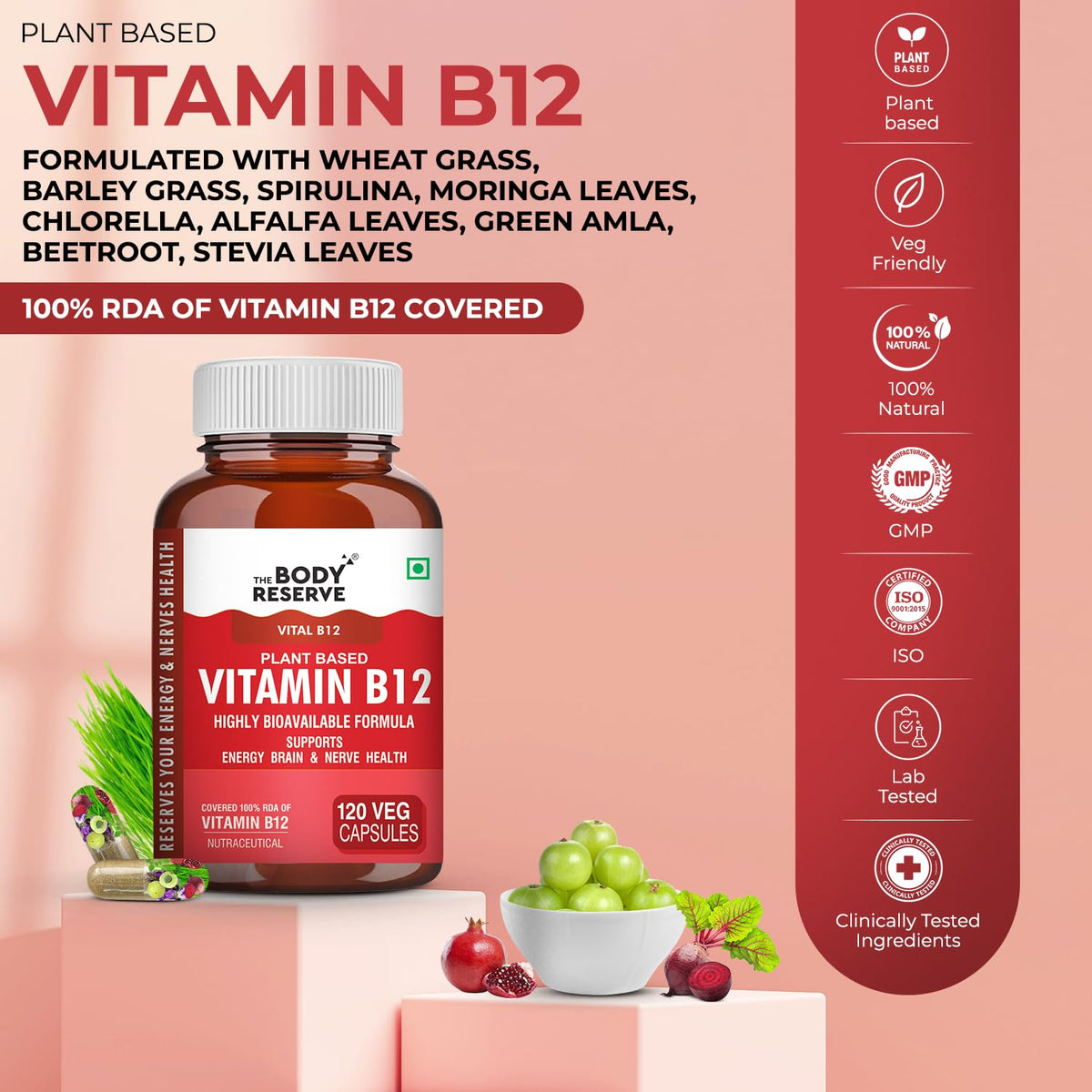 Body Reserve Vitamin B12 supplement bottle with ingredients listed on a pink background