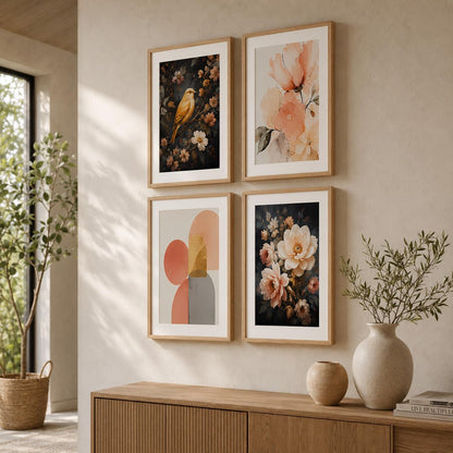 Set of 4 Floral Bird & Abstract Wall Paintings with Sparkle Laminate and Premium Wooden Synthetic Frame for Living Room Bedroom Office Decor (13.5 x 19.5 Inch)