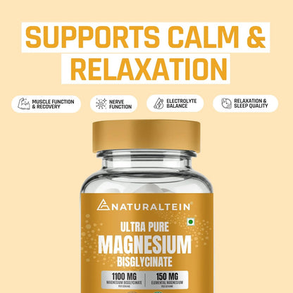 Naturaltein Magnesium Glycinate 1100mg (150mg Elemental) | Chelated High Absorption Magnesium | Supports Sleep Quality & Normal Muscle Function | Glyphosate Tested | 30 Tablets