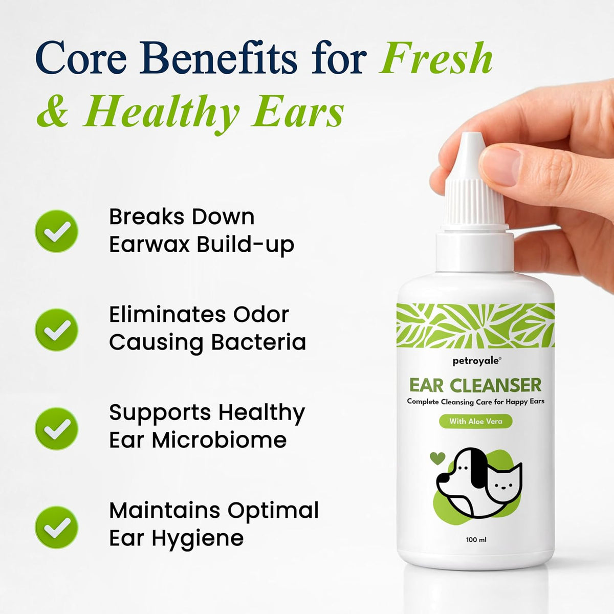 Petroyale Ear Cleanser for Dogs and Cats | Effective & Gentle Formula | Remove Dirt, Excess Wax, Mites | Improves Hearing | Relives Itching | Dog Ear Cleaner Solution with Tris EDTA Buffer - 100ml