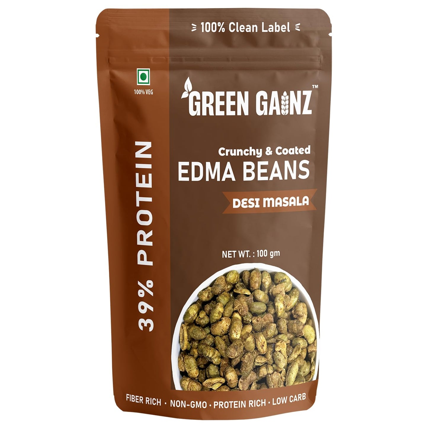 Green Gainz Roasted Edamame New Desi Masala Flavour | Healthy Namkeen Snacks | Protein Rich Snacks | High Protein Clean Label | Protein Rich Namkeen | No Palm Oil (pack of 1-100gm each)