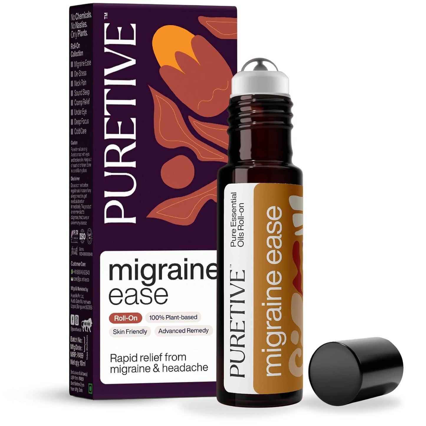 PURETIVE migraine ease roll-on bottle and packaging on a white background