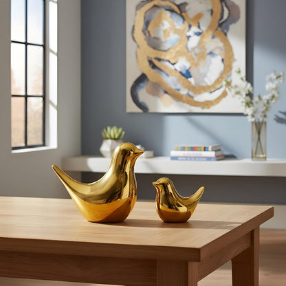 Ceramic Golden Blessing Birds Figurine for Home Decor | Living Room, Bedroom, Office Desk, Cabinets - (Pack of 2, Golden)