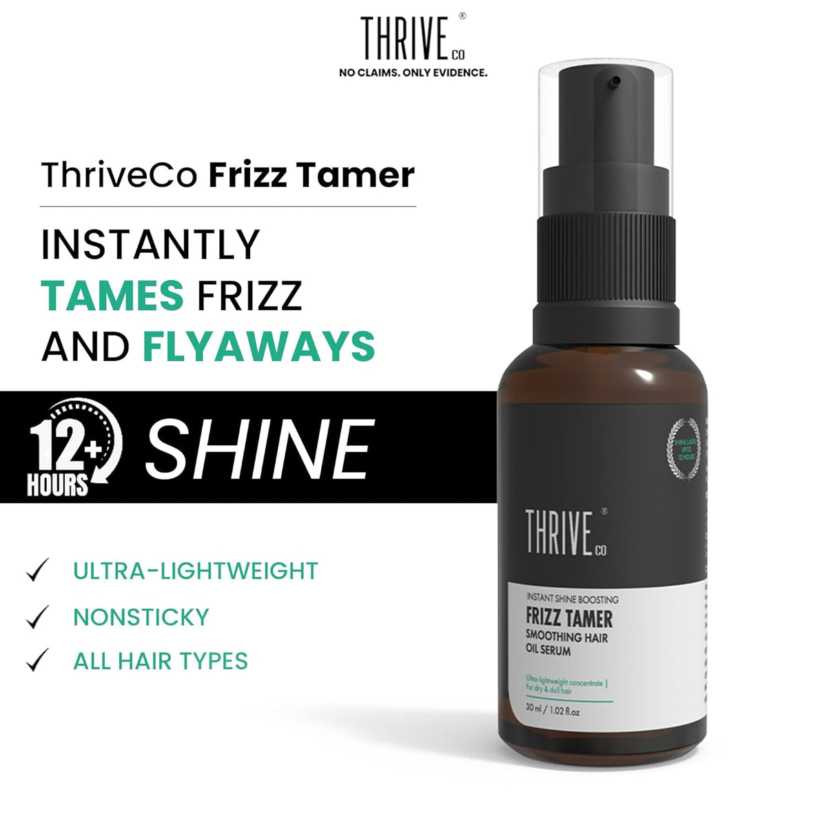 ThriveCo Frizz Tamer hair serum bottle with product features on a white background