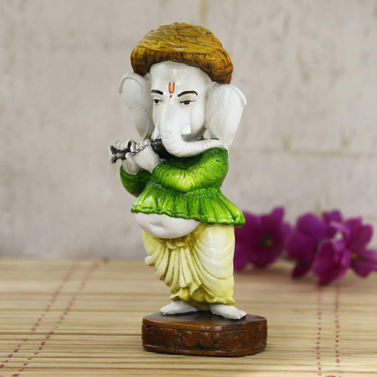 Lord Ganesha Playing Instrument Statue (8 cm x 8 cm x 20 cm, Green) (MSGG553)