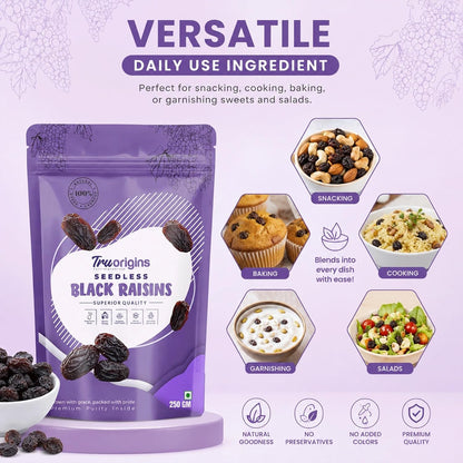 TruOrigins Seedless Black Raisins (Kishmish/Munakka) | 100% Natural & Sun Dried | Soft, Juicy & Handpicked | Premium Quality Raisins | Ethically Sourced | No Preservatives