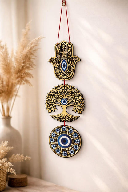 eCraftIndia Wooden Evil Eye Hamsa Hand Nazar Battu Wall Hanging for Home Office