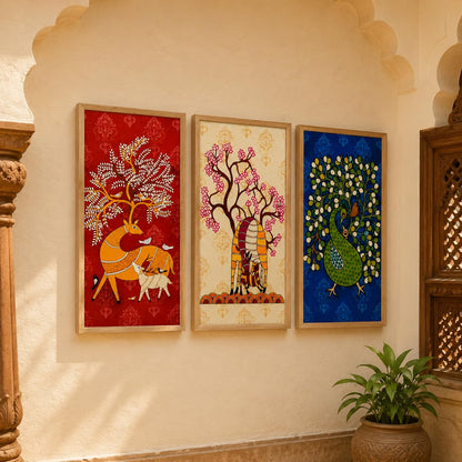Set of 3 Folk Animal Tree Wall Paintings with Sparkle Laminate, Premium Wooden Synthetic Frame, Deer Elephant Peacock Art for Living Room Bedroom Decor