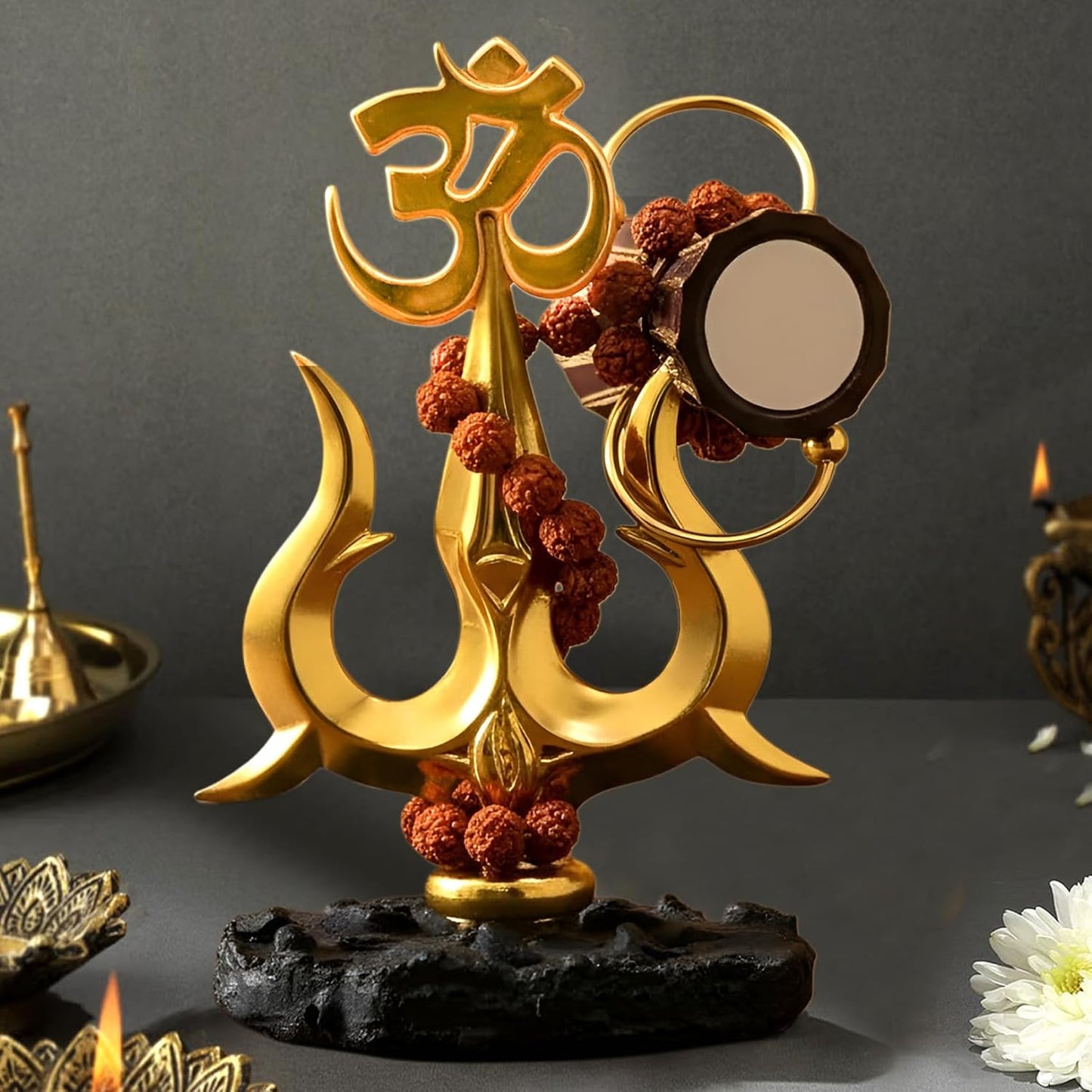 TIED RIBBONS Lord Shiva Trishul with Om & Damru Decorative Idol (Resin, 4.5 Inch) | Rudraksha Beads | Spiritual Home Temple & Office Desk Decor | Gold Finish Car Dashboard Showpiece