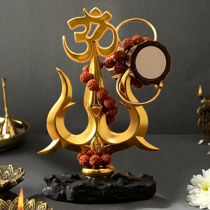 TIED RIBBONS Lord Shiva Trishul with Om & Damru Decorative Idol (Resin, 4.5 Inch) | Rudraksha Beads | Spiritual Home Temple & Office Desk Decor | Gold Finish Car Dashboard Showpiece