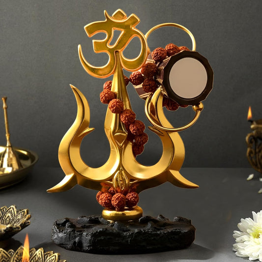 TIED RIBBONS Lord Shiva Trishul with Om & Damru Decorative Idol (Resin, 4.5 Inch) | Rudraksha Beads | Spiritual Home Temple & Office Desk Decor | Gold Finish Car Dashboard Showpiece