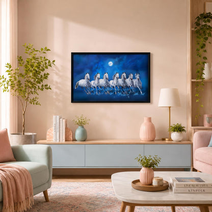 Seven Lucky Running Vastu Horses Art Framed Painting (Ocean Blue, 12 Inch x 18 Inch)