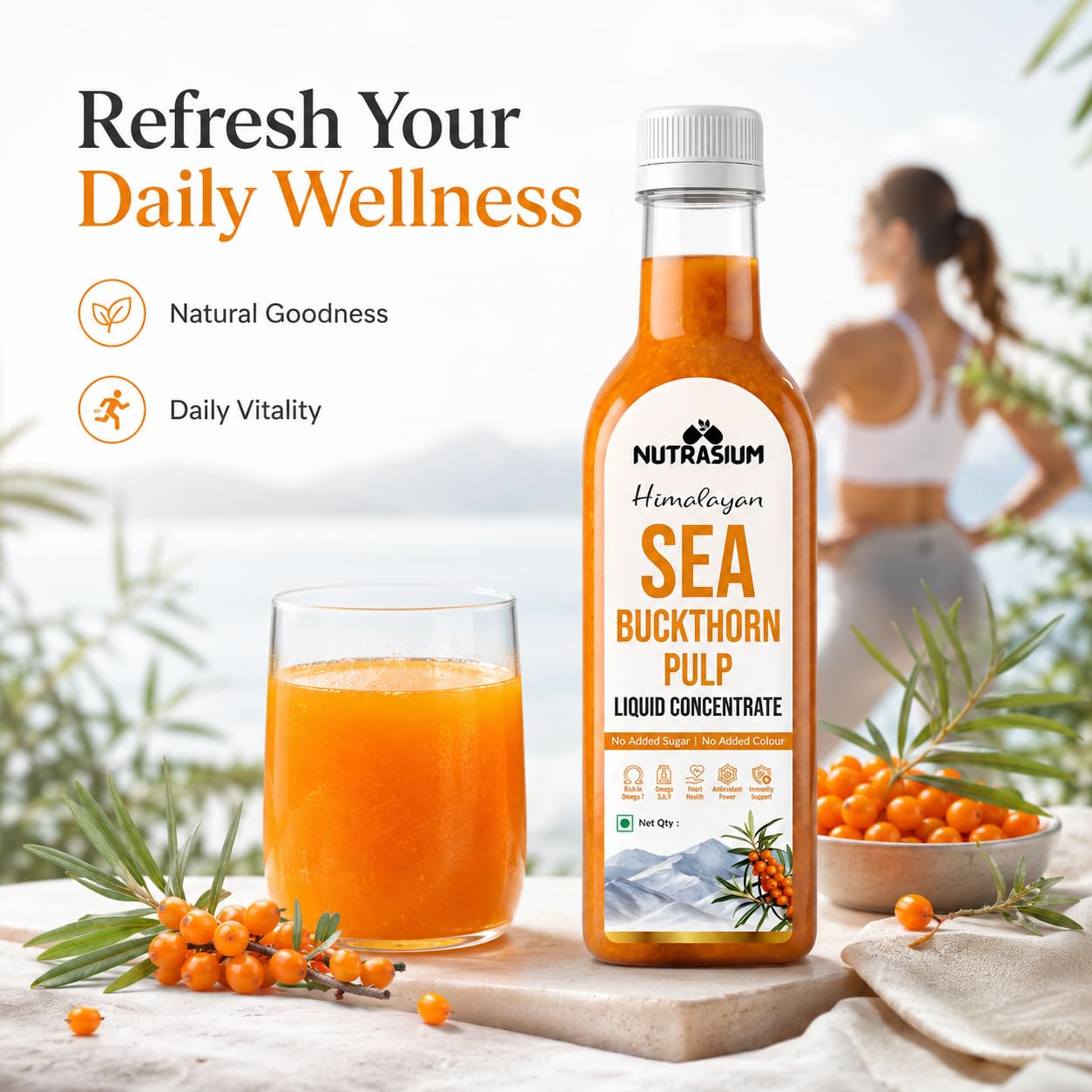 Nutrasium Himalayan Sea Buckthorn Berry Juice - 500 ml - Natural Source of Vitamin C, Omega 3 6 7 9, Antioxidants for Immunity, Skin Glow & Gut Health - 50 Glasses