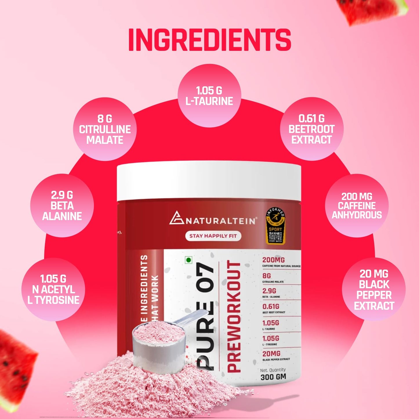 Preworkout supplement container with ingredient list on a pink background