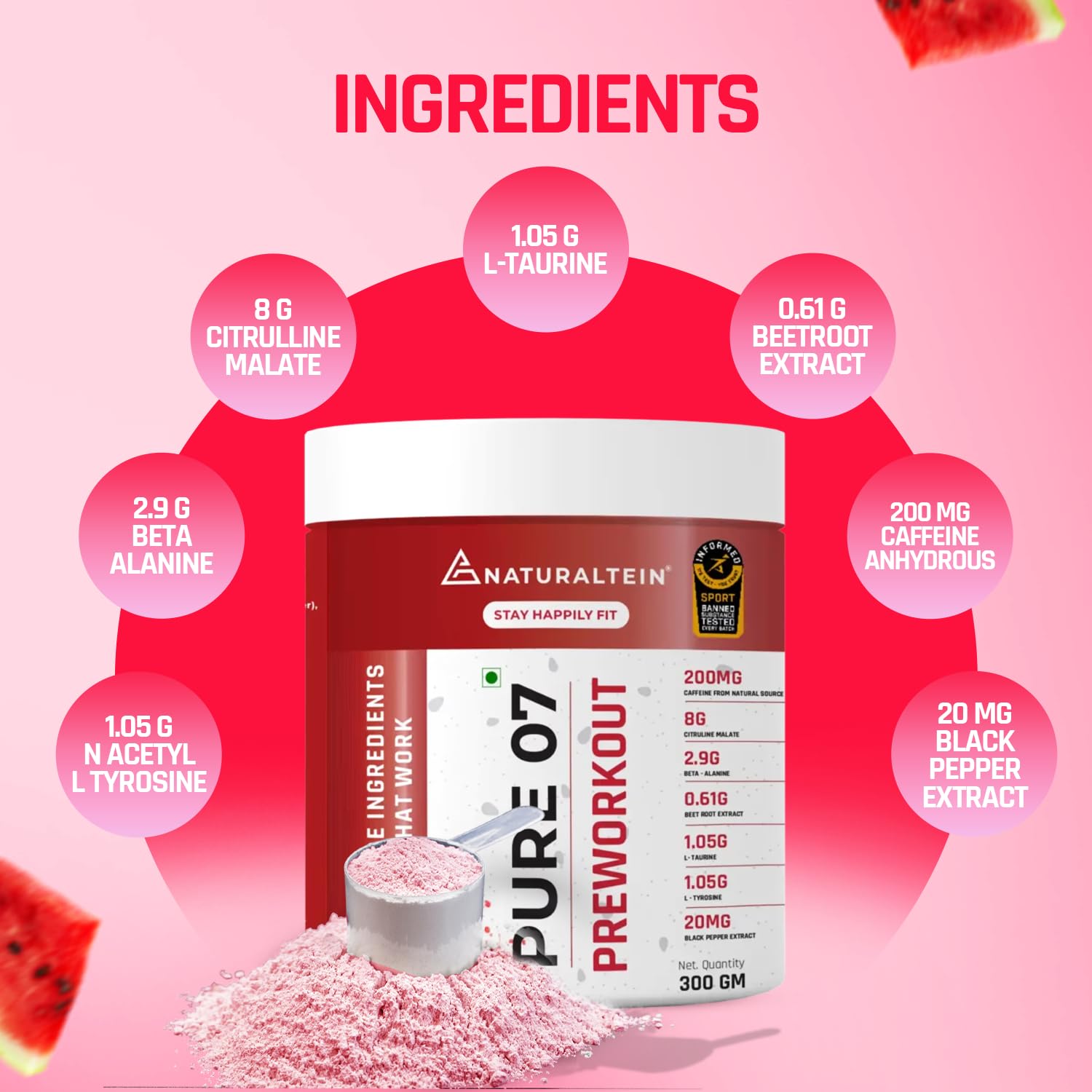 Preworkout supplement container with ingredient list on a pink background