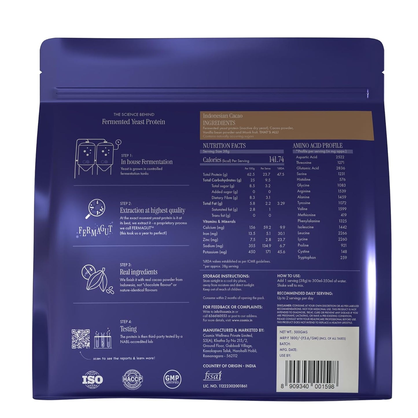 Cosmix Fermented Yeast Protein Powder | 24g Protein | Pure Single-Source Plant Protein | Made In-House | Smooth, Crazy tasty & Gut-Friendly | Indonesian Cacao, 500g Pouch