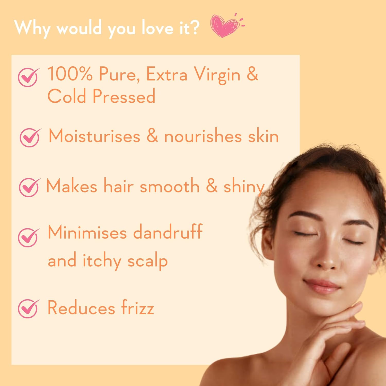 Woman with smooth skin and hair against a yellow background with text about product benefits.