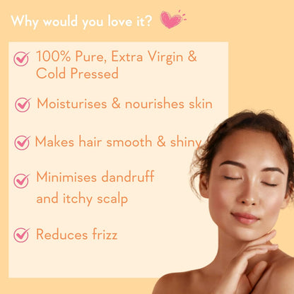 Woman with smooth skin and hair against a yellow background with text about product benefits.