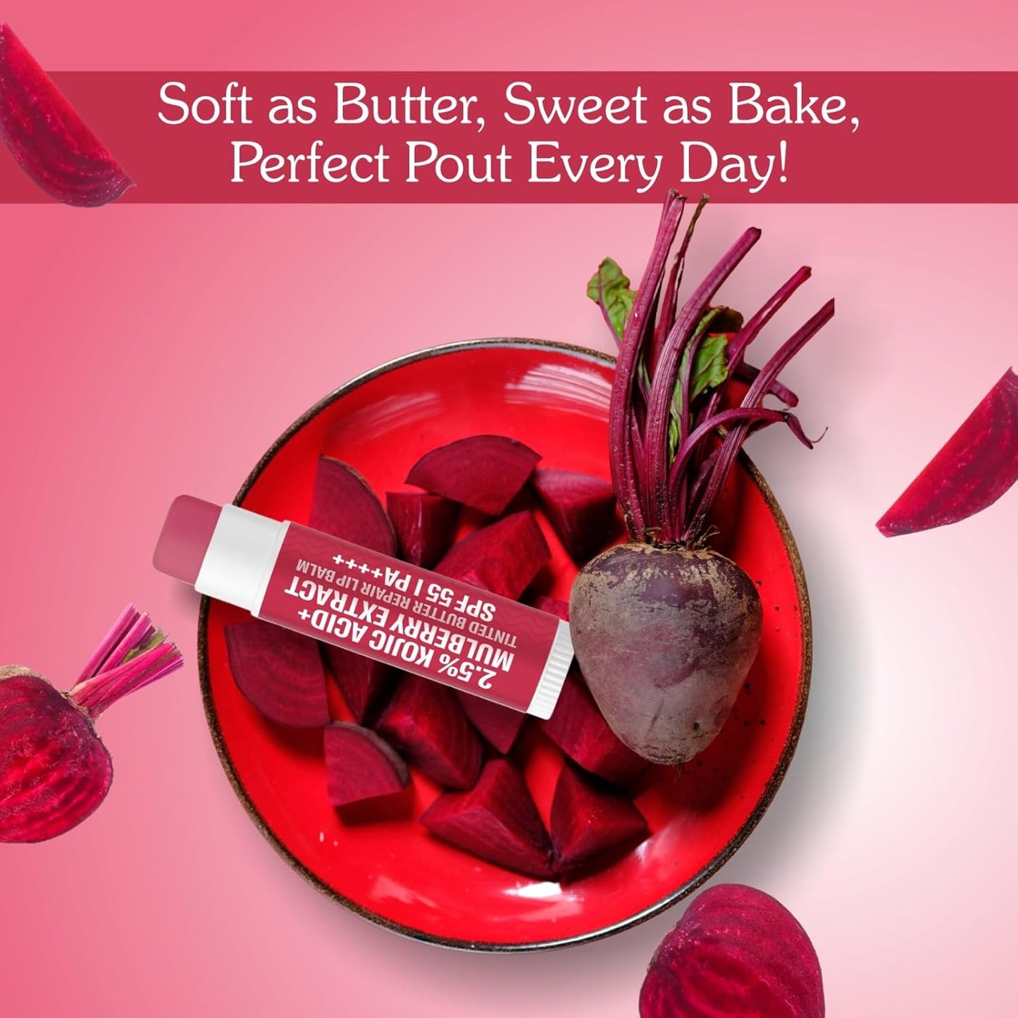 BAKE 2.5% Kojic Acid Mulberry Extract Tinted Butter Brightening Lip Balm SPF 55 PA++++ 24 Hour Moisturization | For Dark, Pigmented, Dry & Flaky Lips | De-Tan Lip Balm - 5g