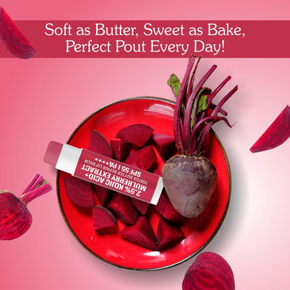 BAKE 2.5% Kojic Acid Mulberry Extract Tinted Butter Brightening Lip Balm SPF 55 PA++++ 24 Hour Moisturization | For Dark, Pigmented, Dry & Flaky Lips | De-Tan Lip Balm - 5g