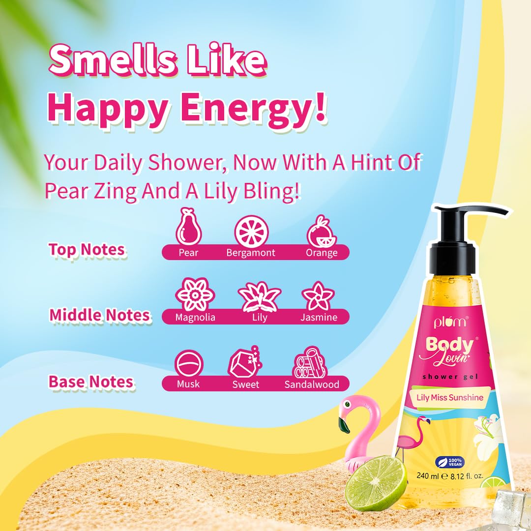 Plum BodyLovin' Lily Miss Sunshine Shower Gel | SLS Free Body Wash For Women | Long Lasting Fresh Fruity-Floral Fragrance | Aloe-Infused Nourishing Body Cleanser For Soft & Smooth Skin | 240ml