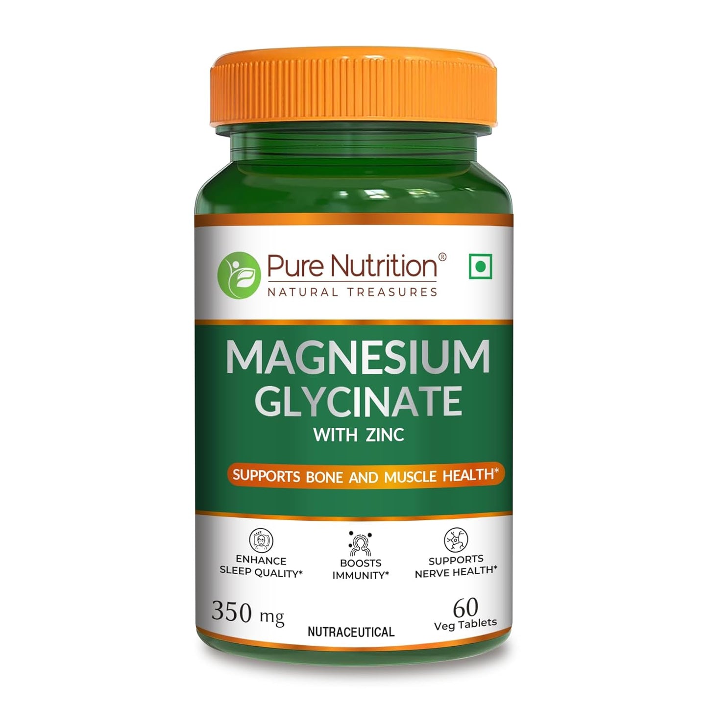 Green supplement bottle labeled 'Pure Nutrition Magnesium Glycinate with Zinc' on a white background