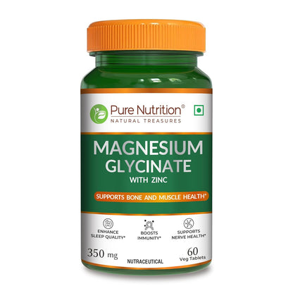 Green supplement bottle labeled 'Pure Nutrition Magnesium Glycinate with Zinc' on a white background