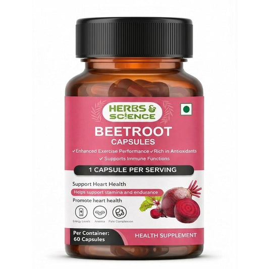 Bottle of Herbs & Science Beetroot Capsules on a white background