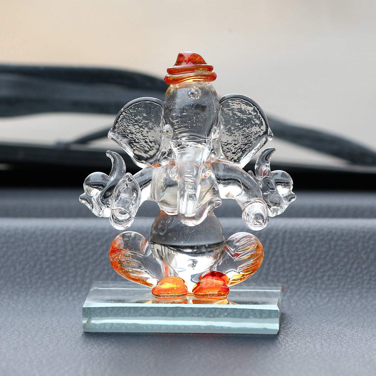 Orange and Transparent Double Sided Crystal Car Ganesha Showpiece