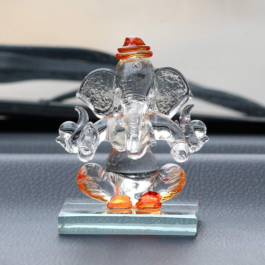 Orange and Transparent Double Sided Crystal Car Ganesha Showpiece