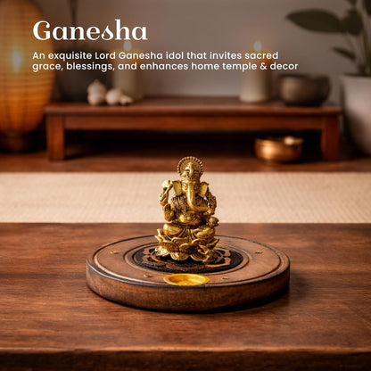 Brass Ganesha Idol on Wooden Base for Home Temple & Desk | Lord Ganesh Murti | Ganpati Idol for Spiritual Home Decor (Design01: L10 x W10 x H6 cm)