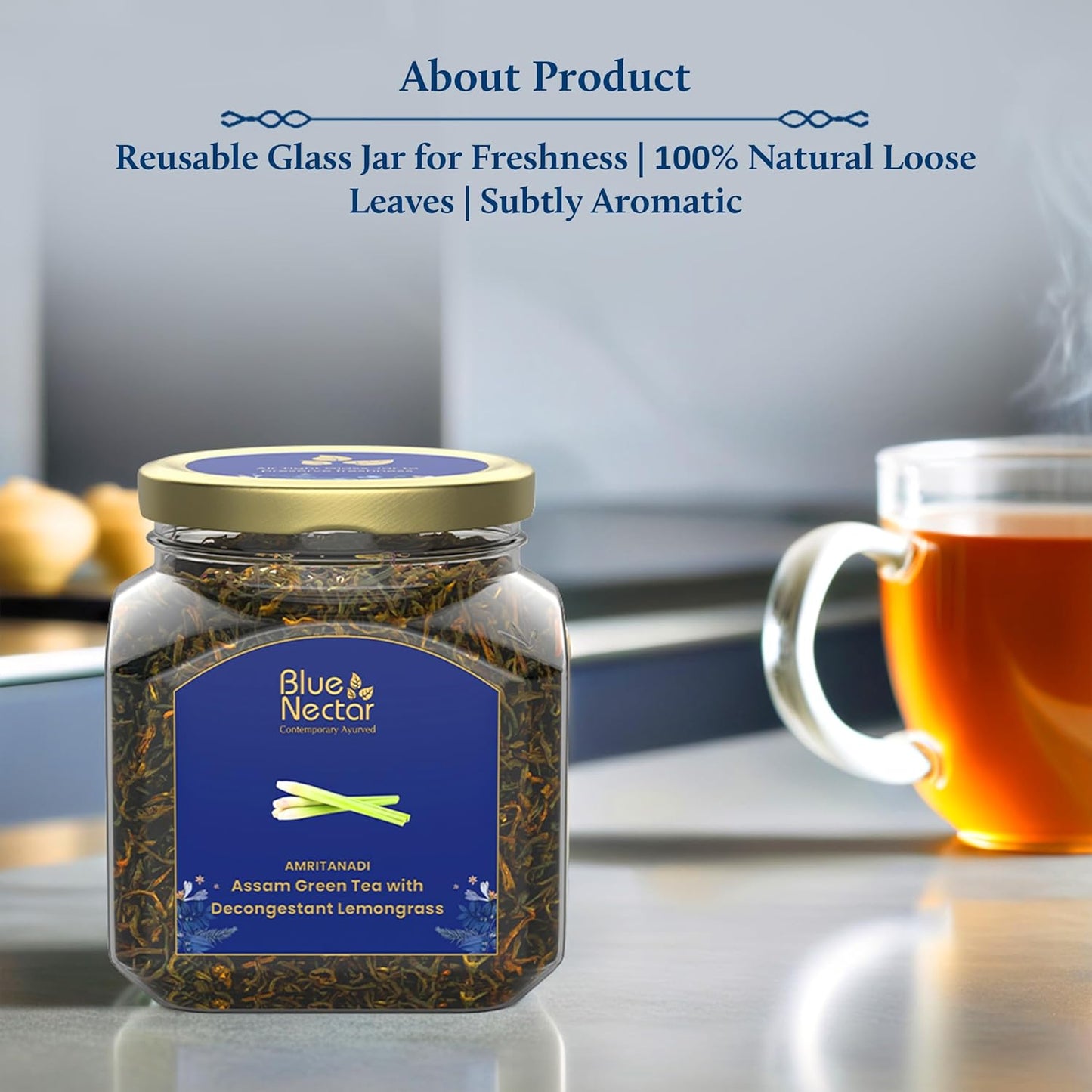 Blue Nectar Decongestant Lemongrass Green Tea Loose Leaves, Sourced from Assam Tea Garden | Eco Friendly Glass Jars with Green Tea Infuser (65g)