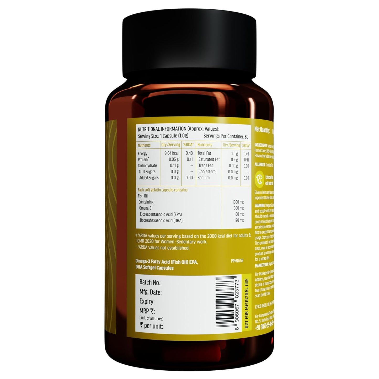 HealthKart hk vitals Salmon Omega 3 (60 Capsules) | 1000mg Omega 3 Fish Oil For Men and Women with 180mg EPA & 120mg DHA | For Joints, Brain, and Eyes Health