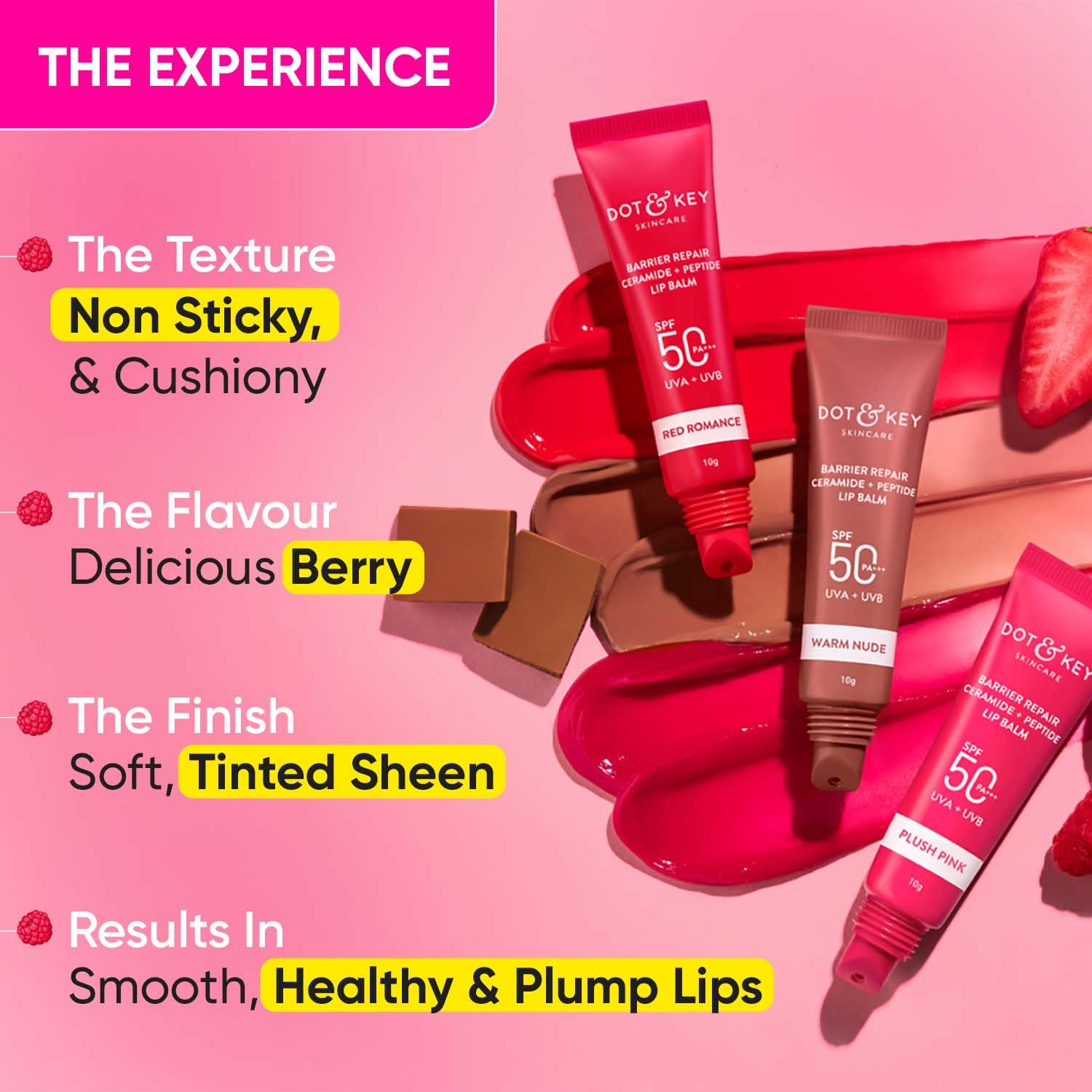Zephivo Dot & Key Ceramide & Peptide Barrier Repair Lip Balm SPF 50, PA+++ |Plush Pink | UVA/UVB Lip Protection | Soft Tinted Lip Moisturizer | Boosts Collagen & Instantly Plumps Lip | Prevents Pigmentation | Lip Balm for Women | 10gm
