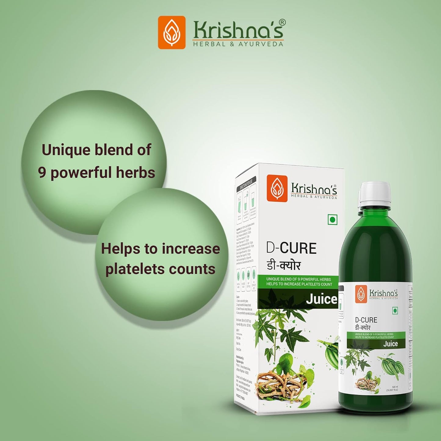 KRISHNA'S HERBAL & AYURVEDA D Cure Juice -500 Ml|Support For Blood Platelets Count|Papaya Leaf,Giloy,Tulsi,Pipar,Pipla Mool,Chavya,Chitrak,Sounth,Haldi|Detoxifies&Rejuvenates Body