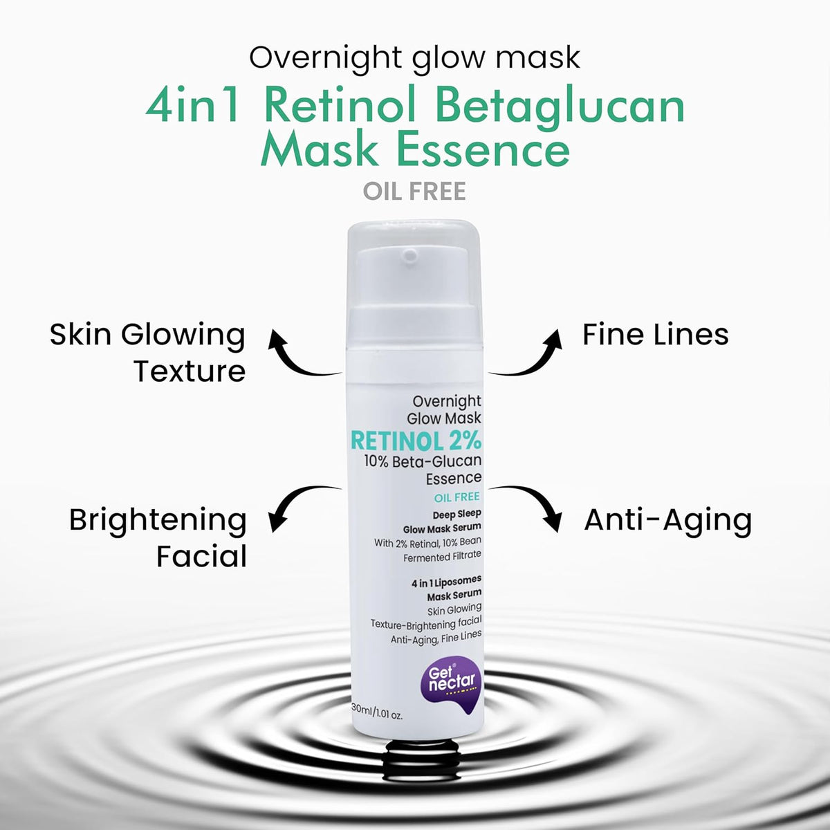 Skincare product with text highlighting its benefits on a white background