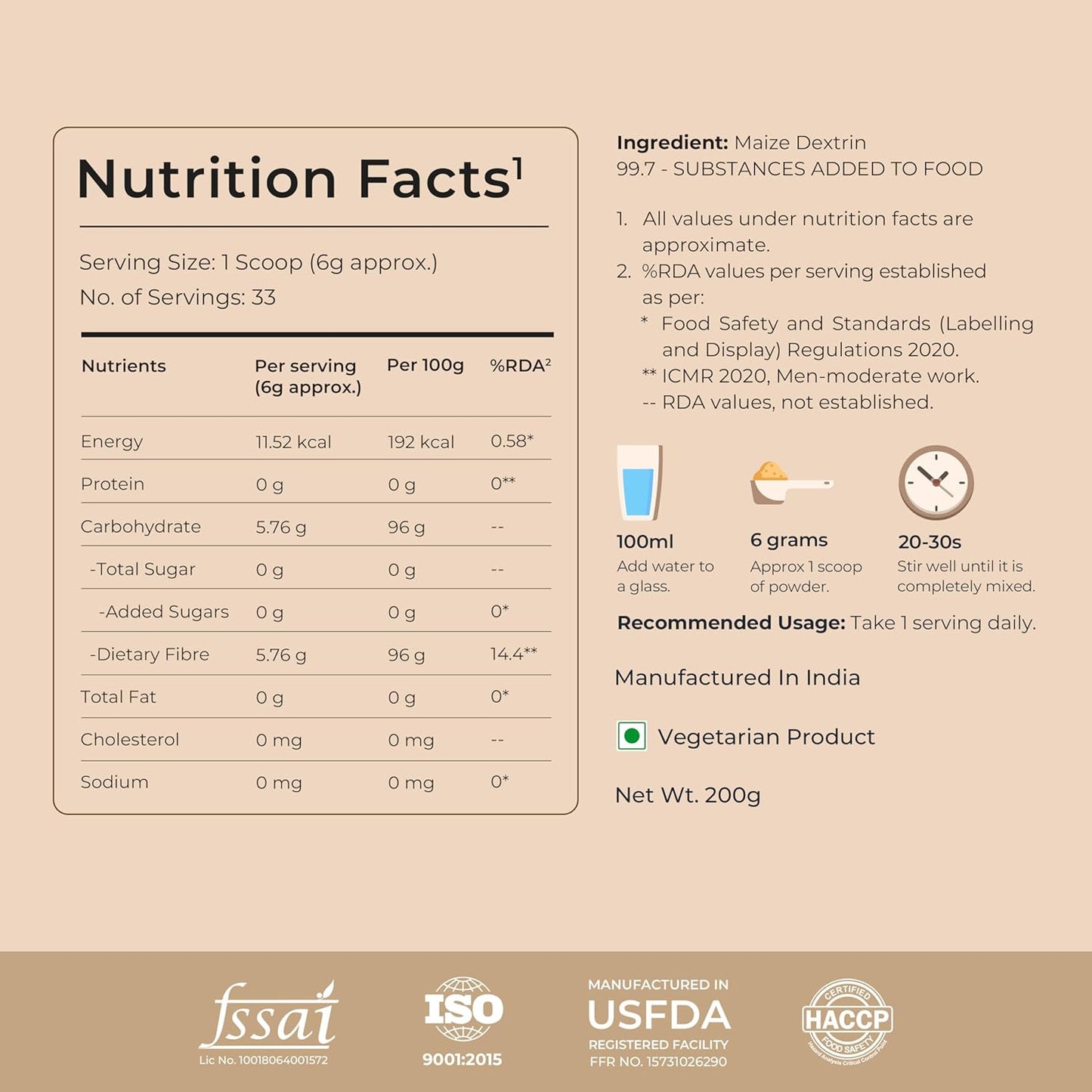 Nutrition facts label for a product with various certifications at the bottom.