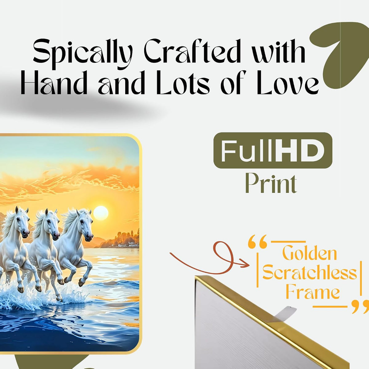 7 Running Horses MDF Wall Art 12x18 Inch | Golden Border Vastu Painting for Home & Office Décor | Modern Elegant Wall Hanging Frame for Living Room, Bedroom (Design 2)
