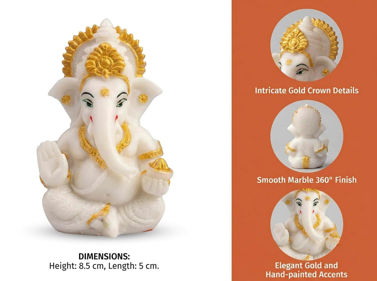 Polyresin and Marble Ganesh Ji Idol Murti for Pooja Room & Car Dashboard (White, Aashirwad Mudra)