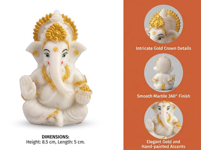 Polyresin and Marble Ganesh Ji Idol Murti for Pooja Room & Car Dashboard (White, Aashirwad Mudra)