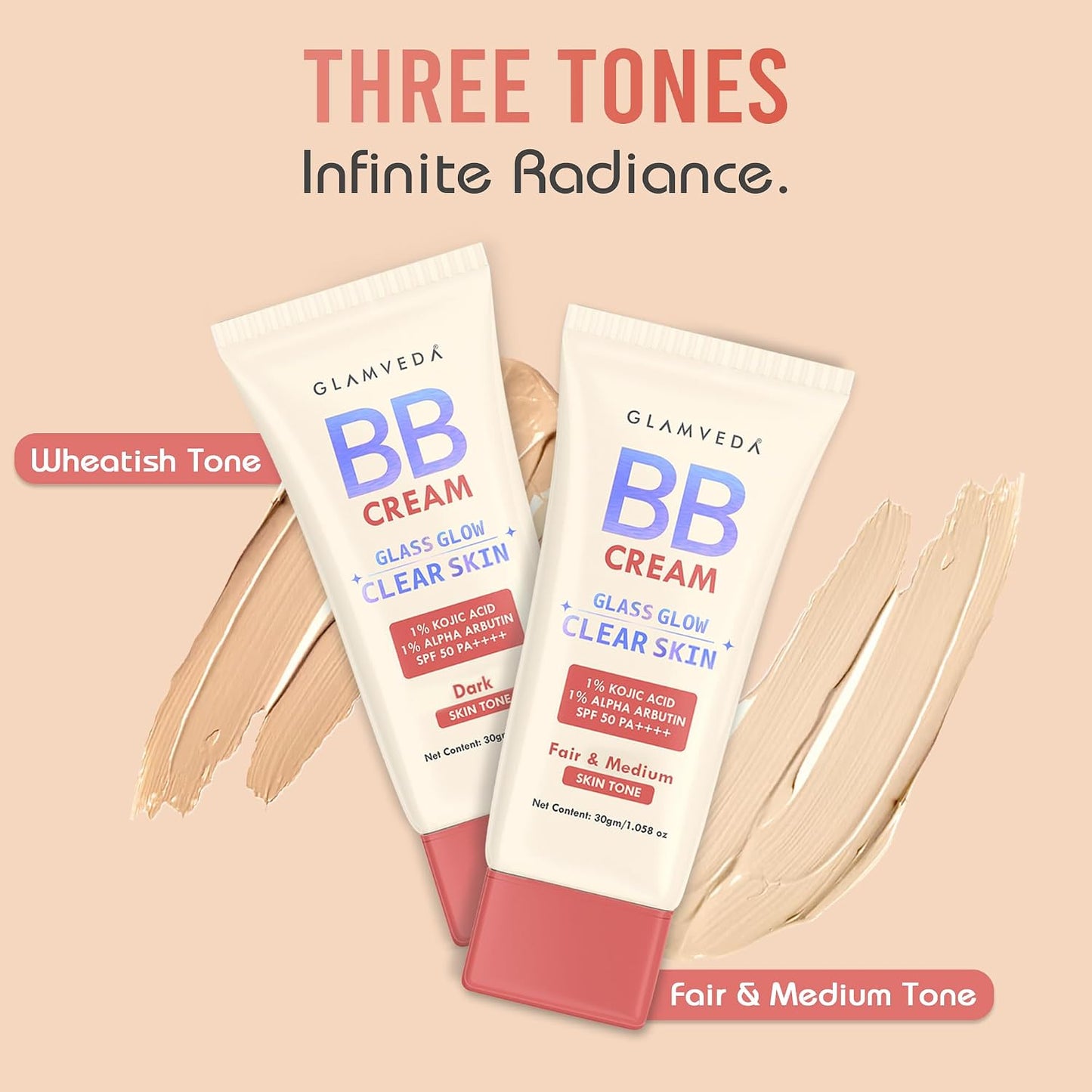 Glamveda BB Cream Lightweight Foundation | Fair & Medium Skin Tone BB Cream for Women With SPF 50++++ | Instant Spot Coverage | Light Make-up Glow | Non-Sticky & Waterproof | Colour Correction - 30g