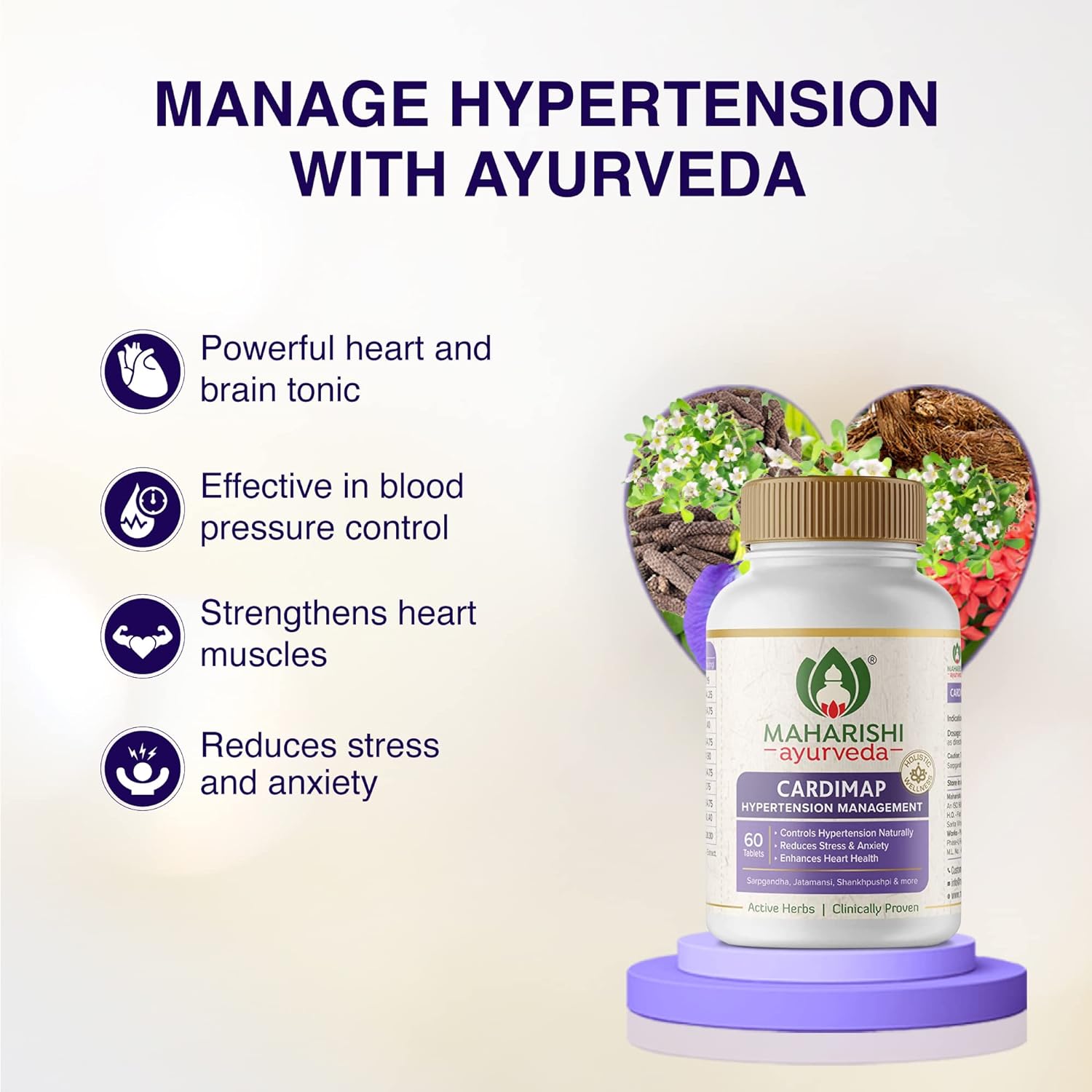 Zephivo Maharishi Ayurveda Cardimap | Helps Normalises Blood Pressure Naturally | Unique Formulation | Synergy of 5 Herbs | 30 days Pack (60 Tablets)
