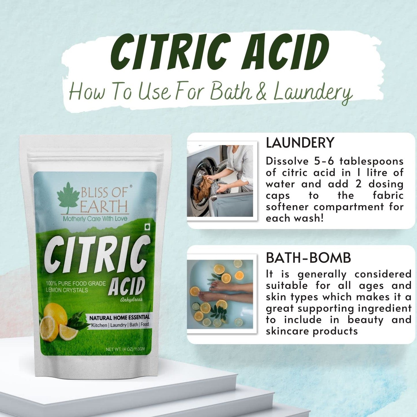 Bliss of Earth Citric Acid Powder For Food 113gm | Anhydrous Lemon Salt For Cleaning Purpose | citric acid powder for cleaning and plant growing