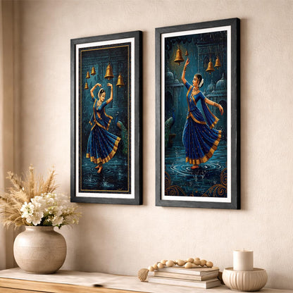 Classical Indian Dance Wall Art Set of 2 Frames Prints | Traditional Bharatanatyam Kathak Dance Framed Painting, Peacock & Temple Theme Artwork Frame| Premium Cultural Wall Decor for Living Room Bedroom Office Home (Art-6, 10x19inch, Wooden)