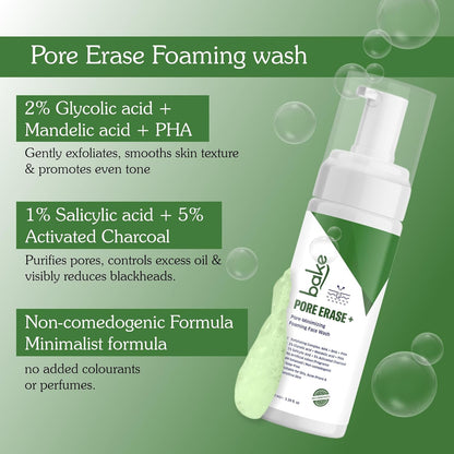 BAKE Pore Erase Foaming Face Wash with 2% Glycolic Acid, 1% Salicylic Acid & Mandelic Acid | Unclogs Pores, Reduces Blackheads & Whiteheads, Controls Sebum | For Oily, Acne Prone & Combination Skin – 100ml