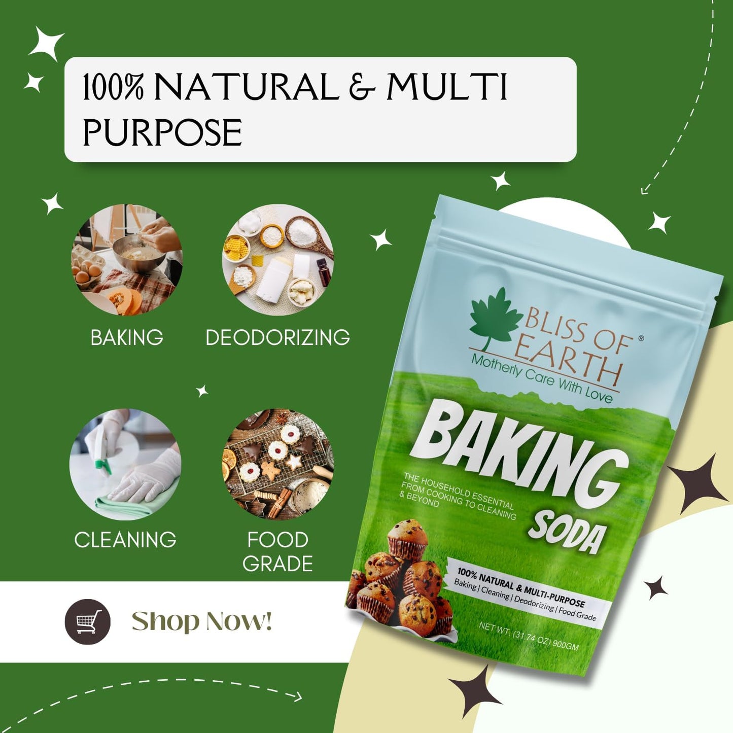 Bliss of Earth Baking Soda for Cooking, Baking Soda for Food & Cleaning Purpose, 900gm, Pure Sodium Bicarbonate for Baking, Cleaning, and Deodorizing, Food Grade, Non-GMO, Eco-Friendly