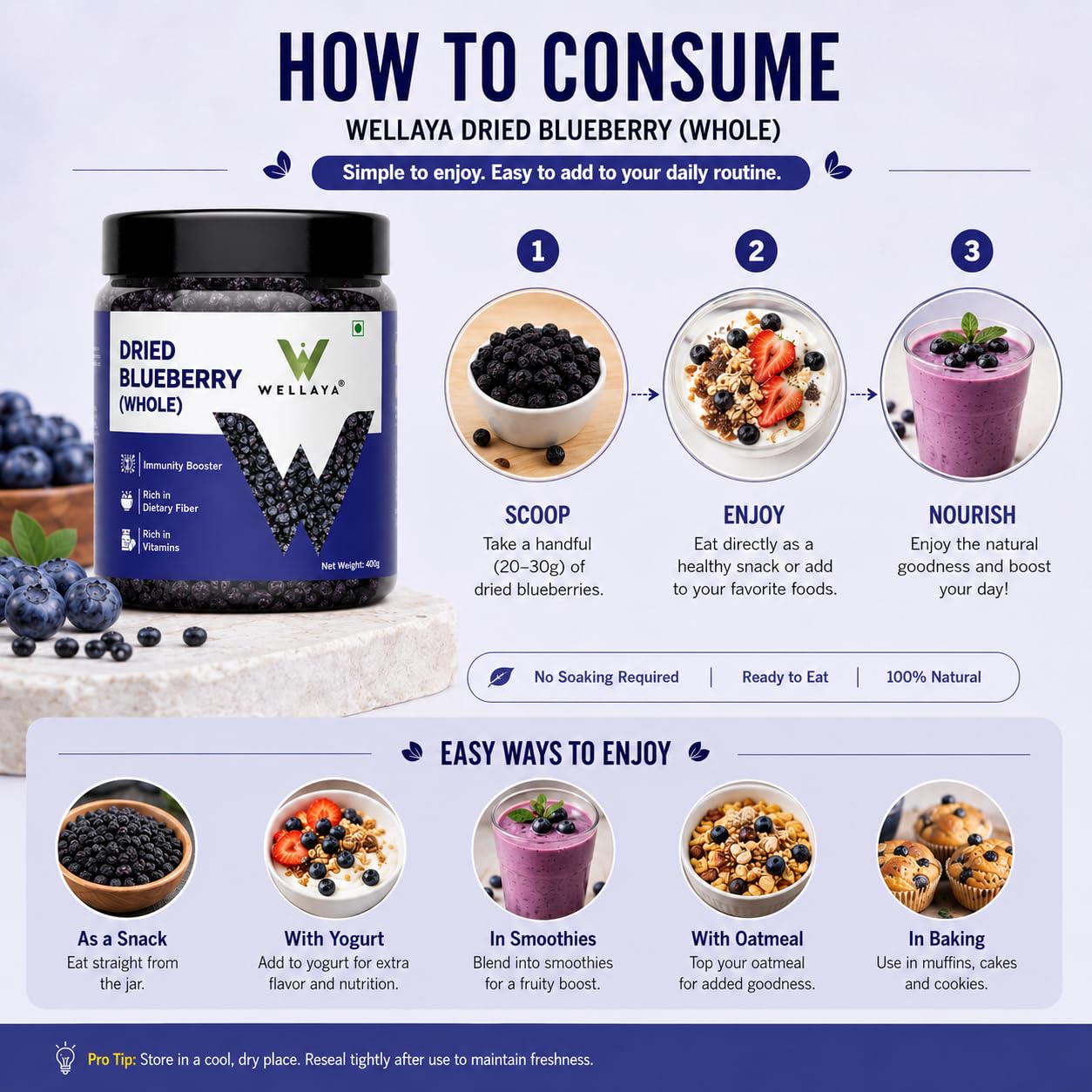 WELLAYA Premium Blueberry | Dry Fruit | High Nutrient and Antioxidant | Healthy & Tasty Whole & Dried Blueberry | Rich in Calcium and Vitamin K | Vegan