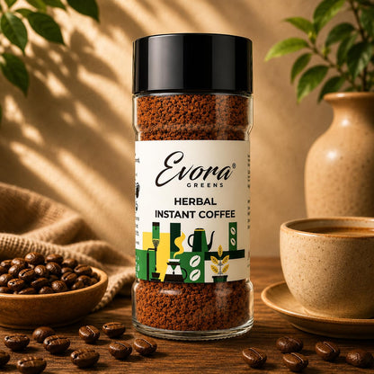 Evora Greens Herbal Instant Coffee | Arabica & Robusta Blend with Functional Herbs | Smooth Strong Taste | Hot & Black Coffee | Makes ~50 Cups | 100g Glass Jar