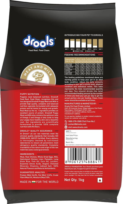 Drools Puppy Dry Dog Food 1kg | Meat and Milk Flavour | Supports Healthy Brain Development and Cognitive Function | Antioxidants | Chelated Minerals | Better Bioavailability of Minerals