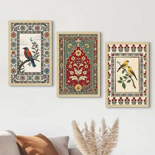 Madhubani Paintings with Frame for Home Decor Wall Art, Wall Paintings for Living Room, Multicolor, Natural Wood Color Frames, 12.0x18.0 inch, Set of 3